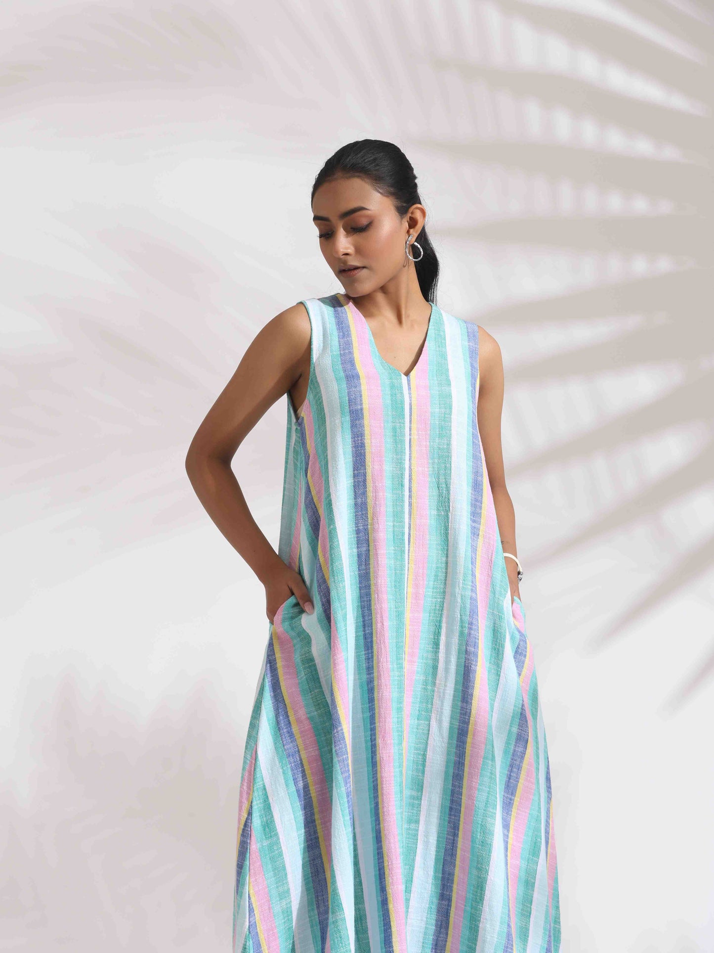 trueBrowns Green Cotton Multi Stripe Flared Dress | Swadesiicart