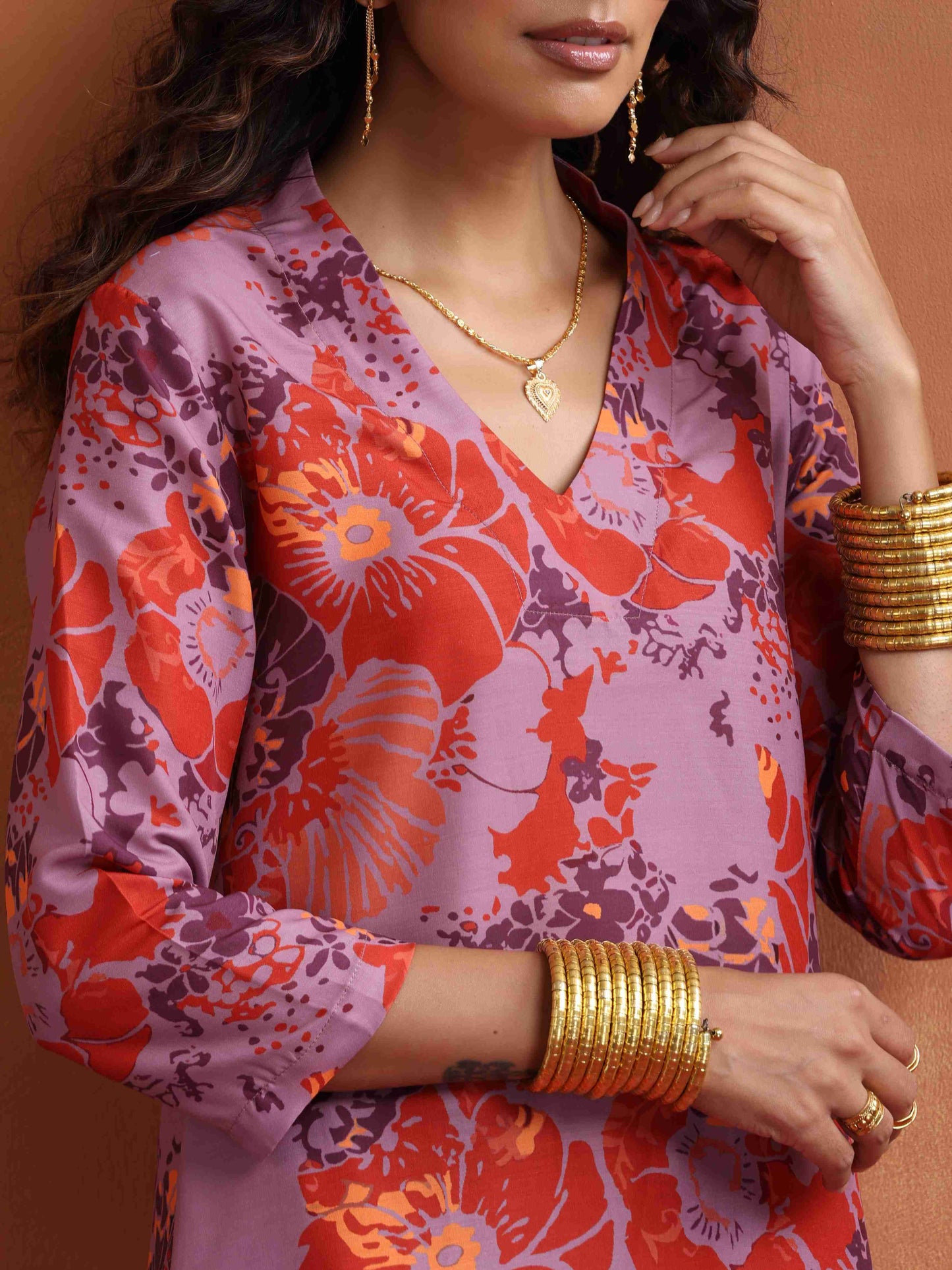 trueBrowns Purple Print Kurta Co-ord Set - Swadesiicart
