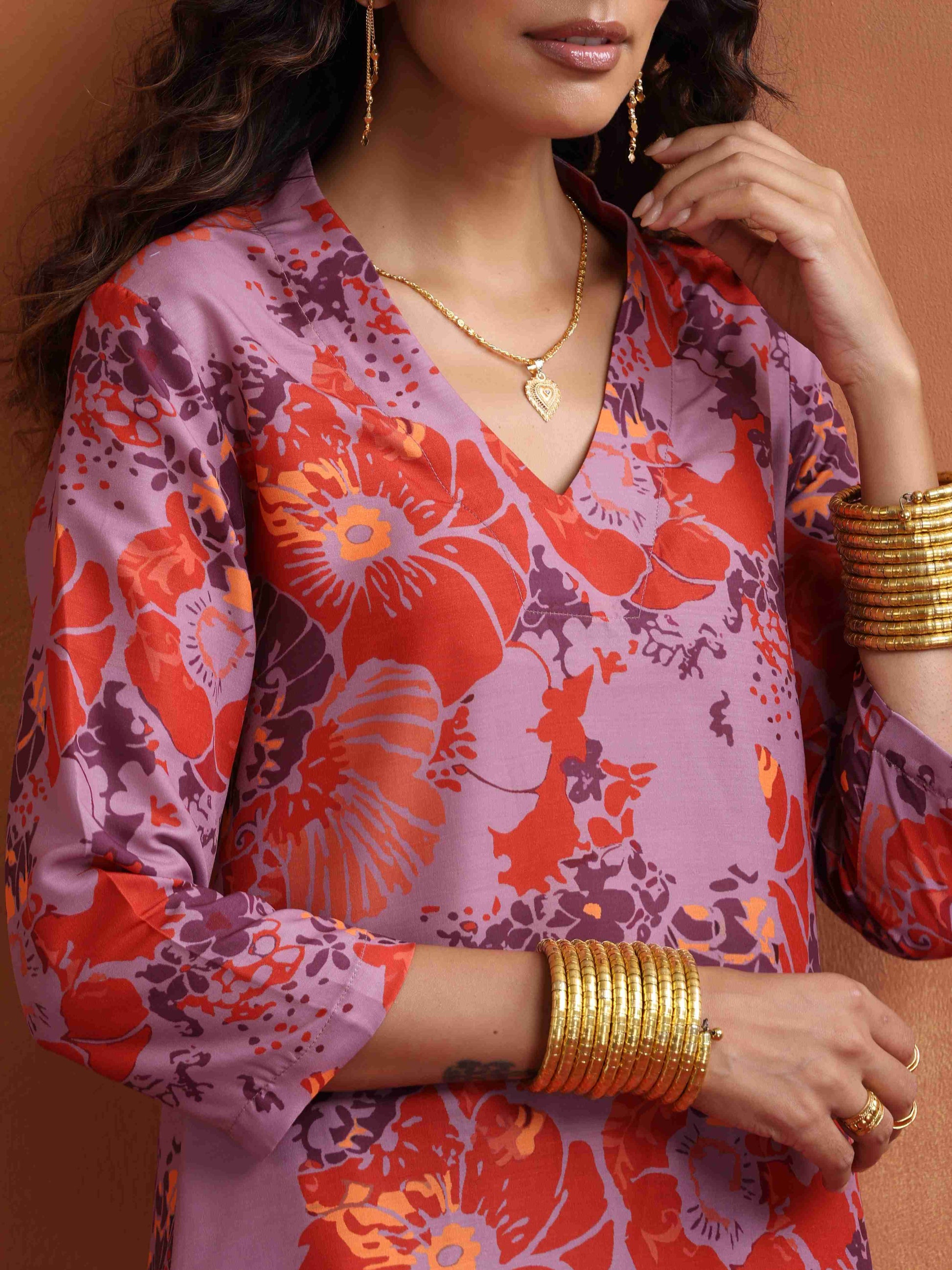 trueBrowns Purple Print Kurta Co-ord Set - Swadesiicart
