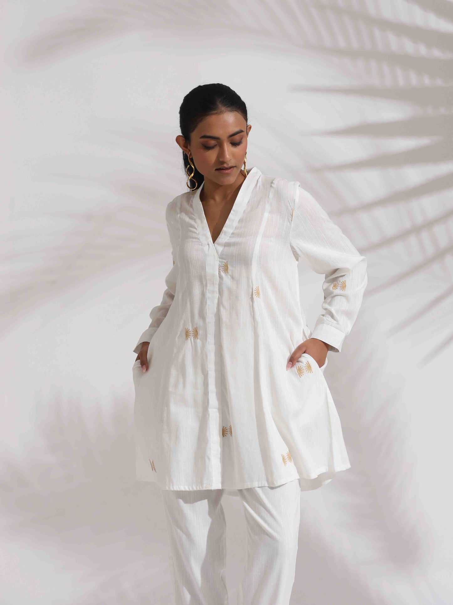 trueBrowns Off-White Cotton Embroidered A-line Co-ord Set - Swadesiicart