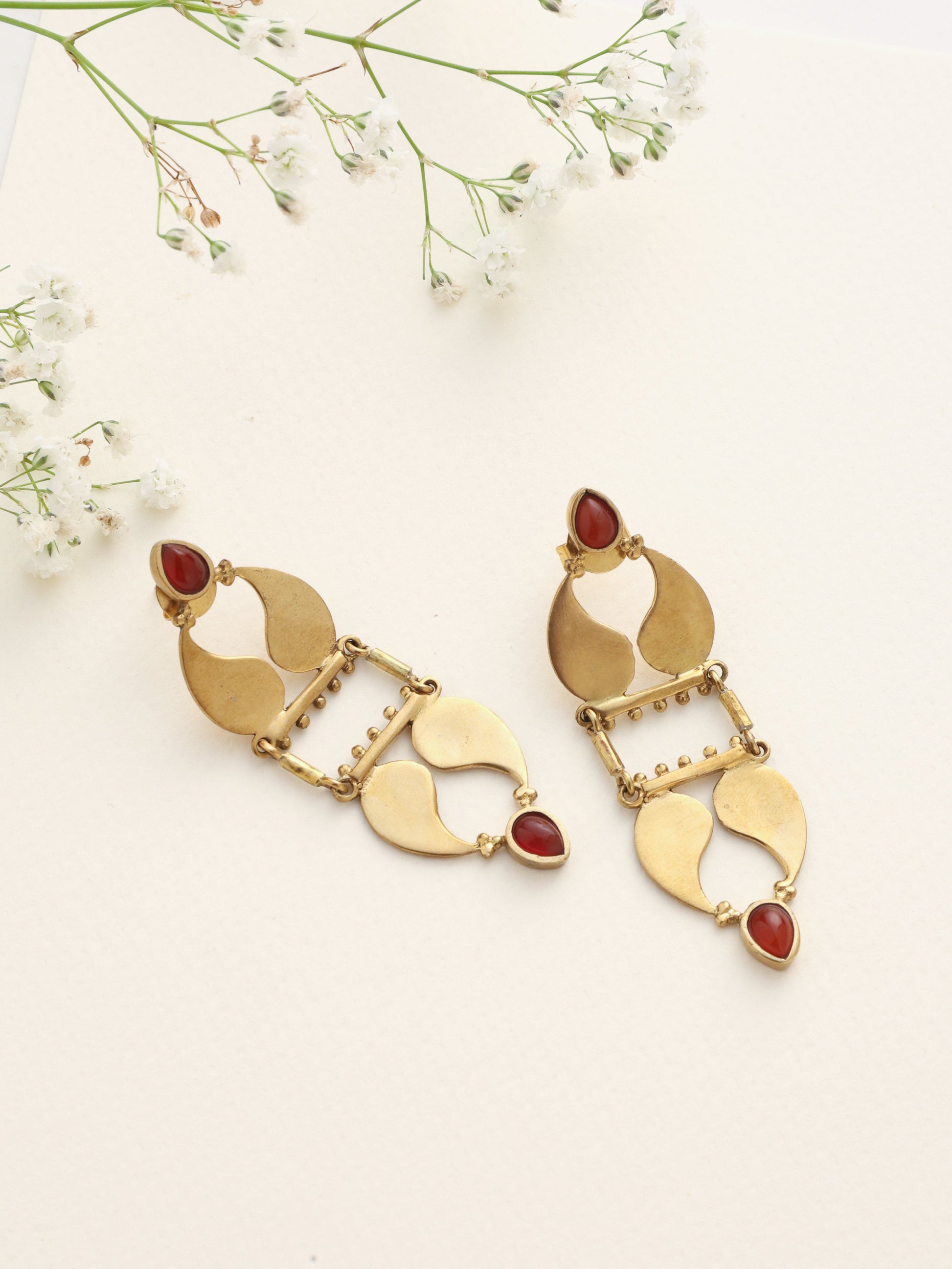 trueBrowns Brass Red Stone Paisley Earrings - Swadesiicart