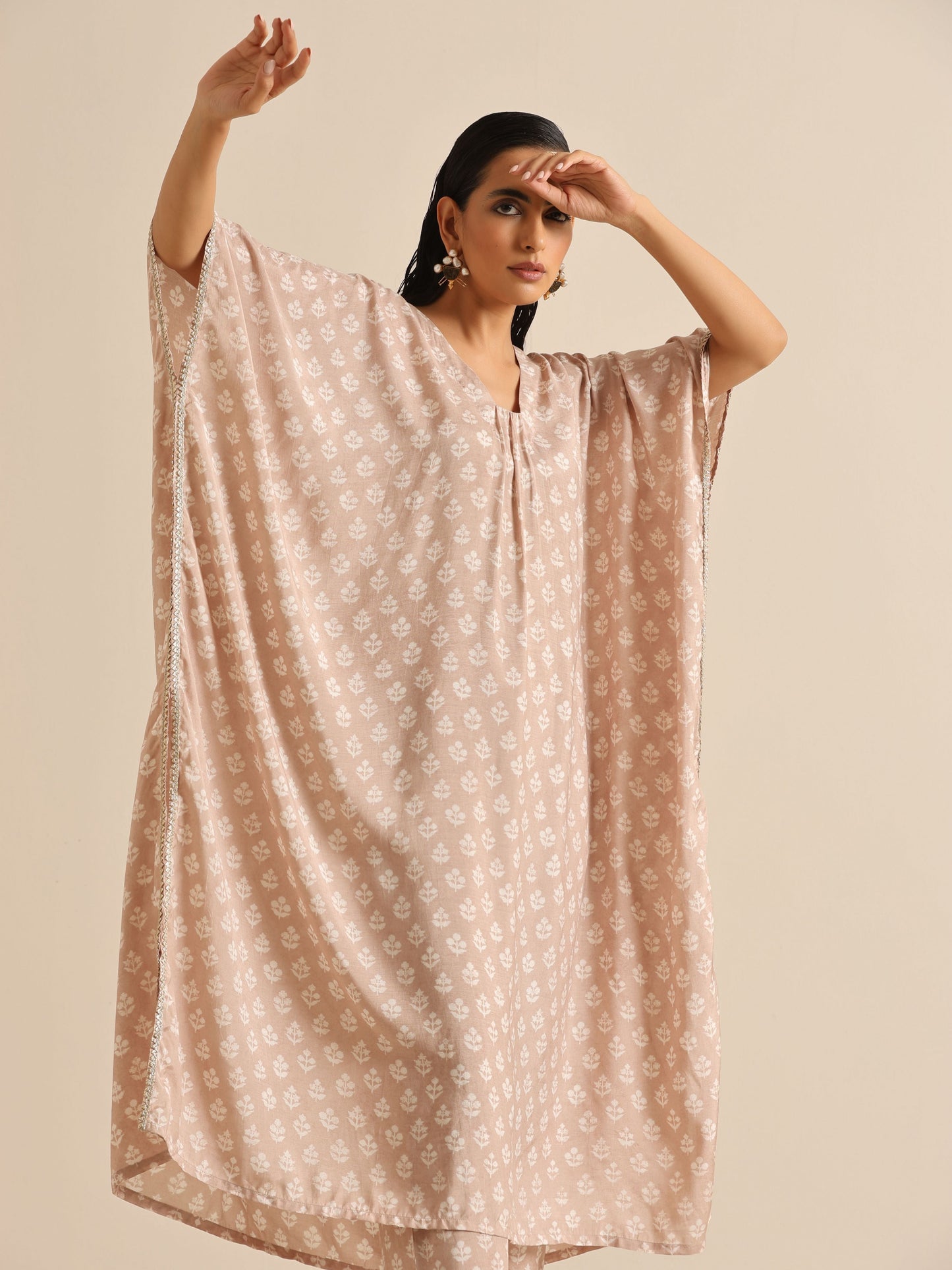 trueBrowns Beige White Floral Silk Print Kaftan Pant Set | Swadesiicart