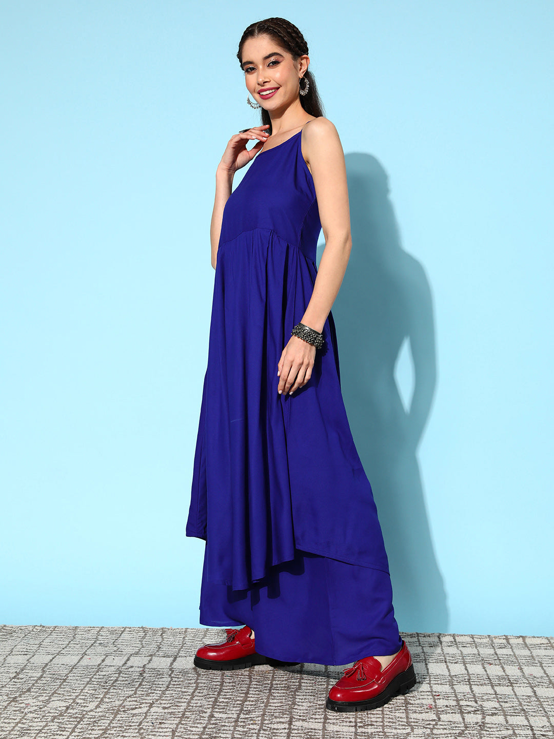 InWeave Women's Strappy Set Ink Blue With Green Floral Short Or Cape - Swadesiicart