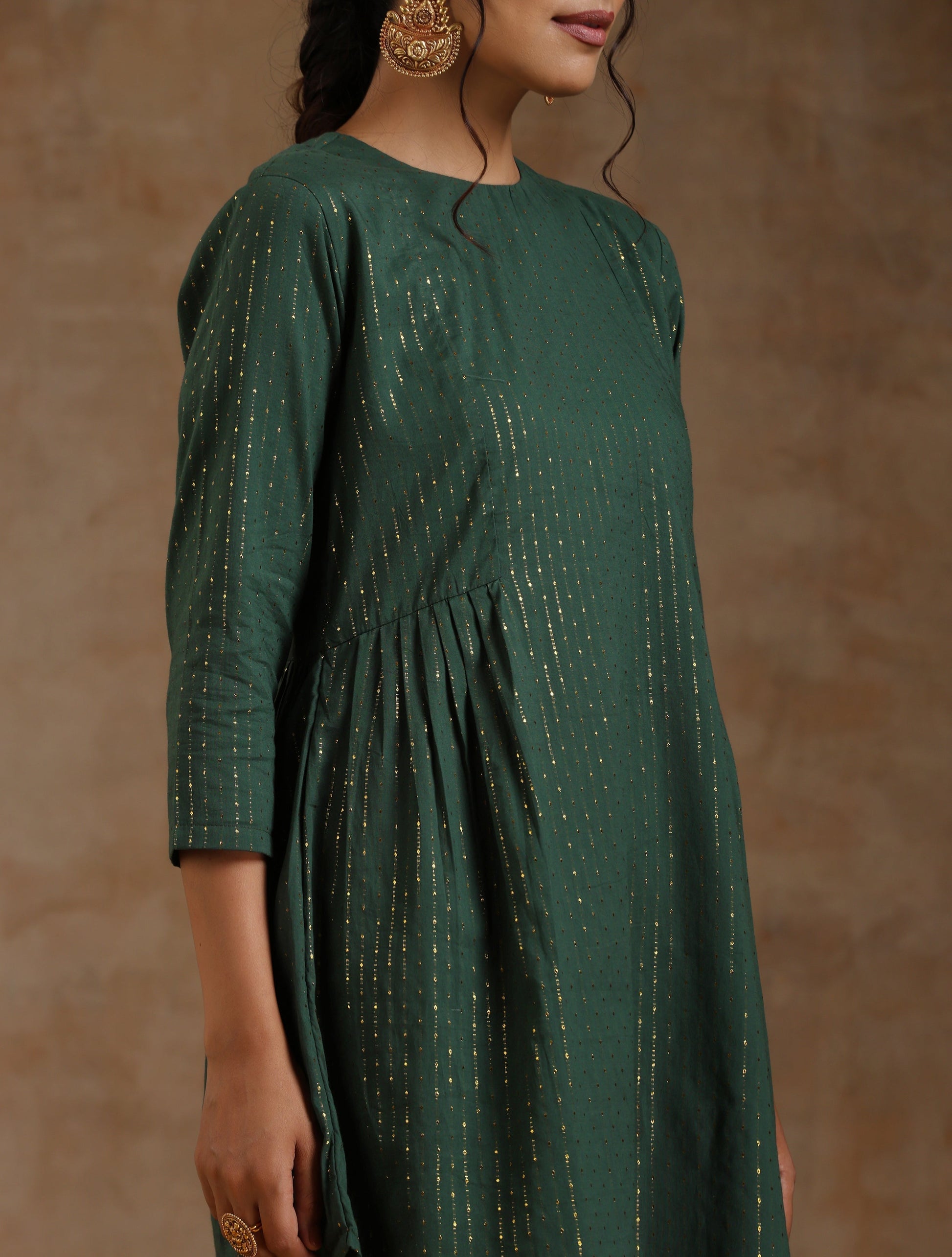 trueBrowns Dark Green Gold Cotton Side Gather Co-Ord Set - Swadesiicart
