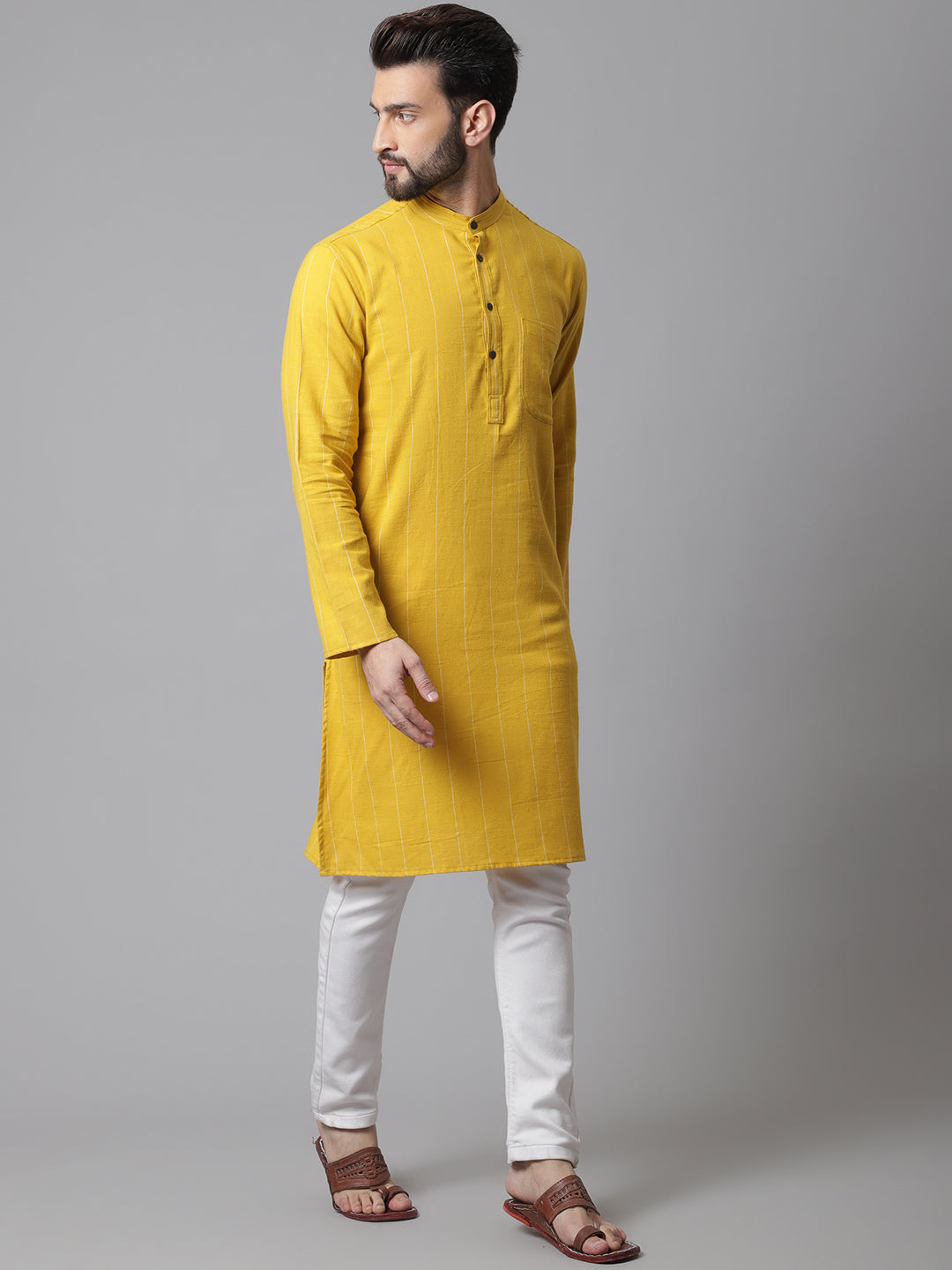 Even Apparels Yellow Pure Cotton Kurta With Band Collar | Swadesiicart