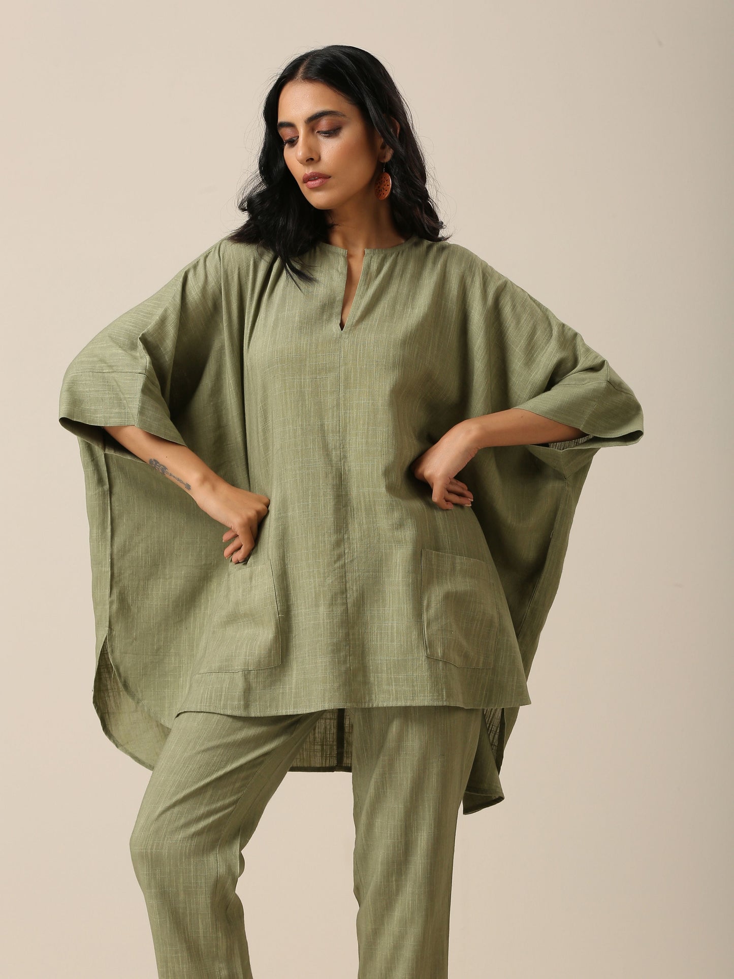 trueBrowns Sage Slub Texture Boxy Fit High Low Co-Ord Set - Swadesiicart