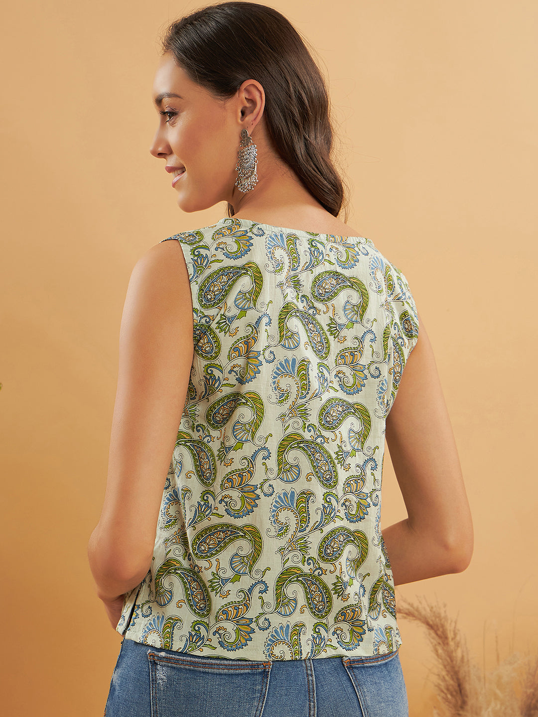 InWeave Sage Green Paisley Print W/U Top - Swadesiicart