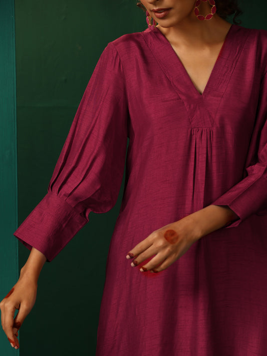 trueBrowns Maroon Silk Puff Sleeve Kurta Pant Set | Swadesiicart