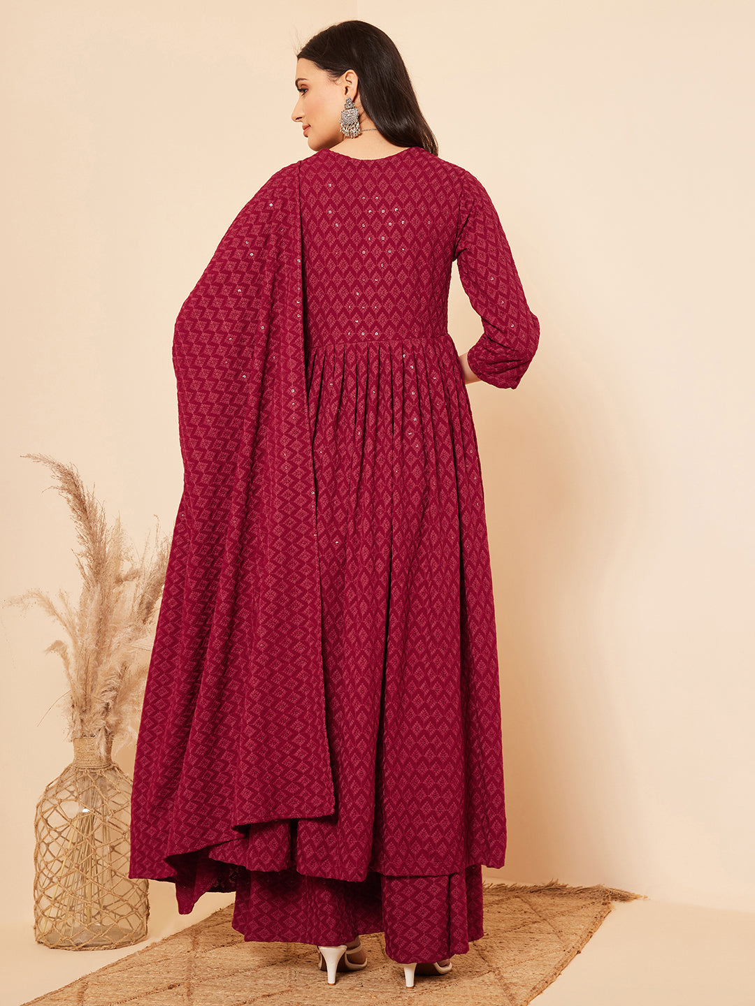 InWeave Women's Maroon Chikankari Long Anarkali Kurta Palazzo Set W Dupatta - Swadesiicart