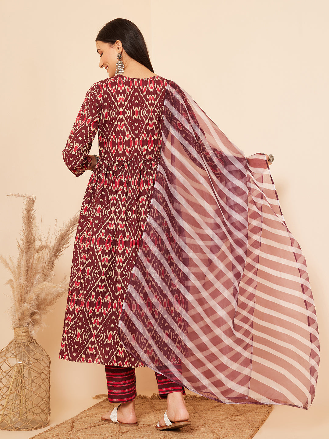 InWeave Women's Wine Ikkat Print Alia Cut Gota Work Kurta Set W Wine Leh Dup - Swadesiicart