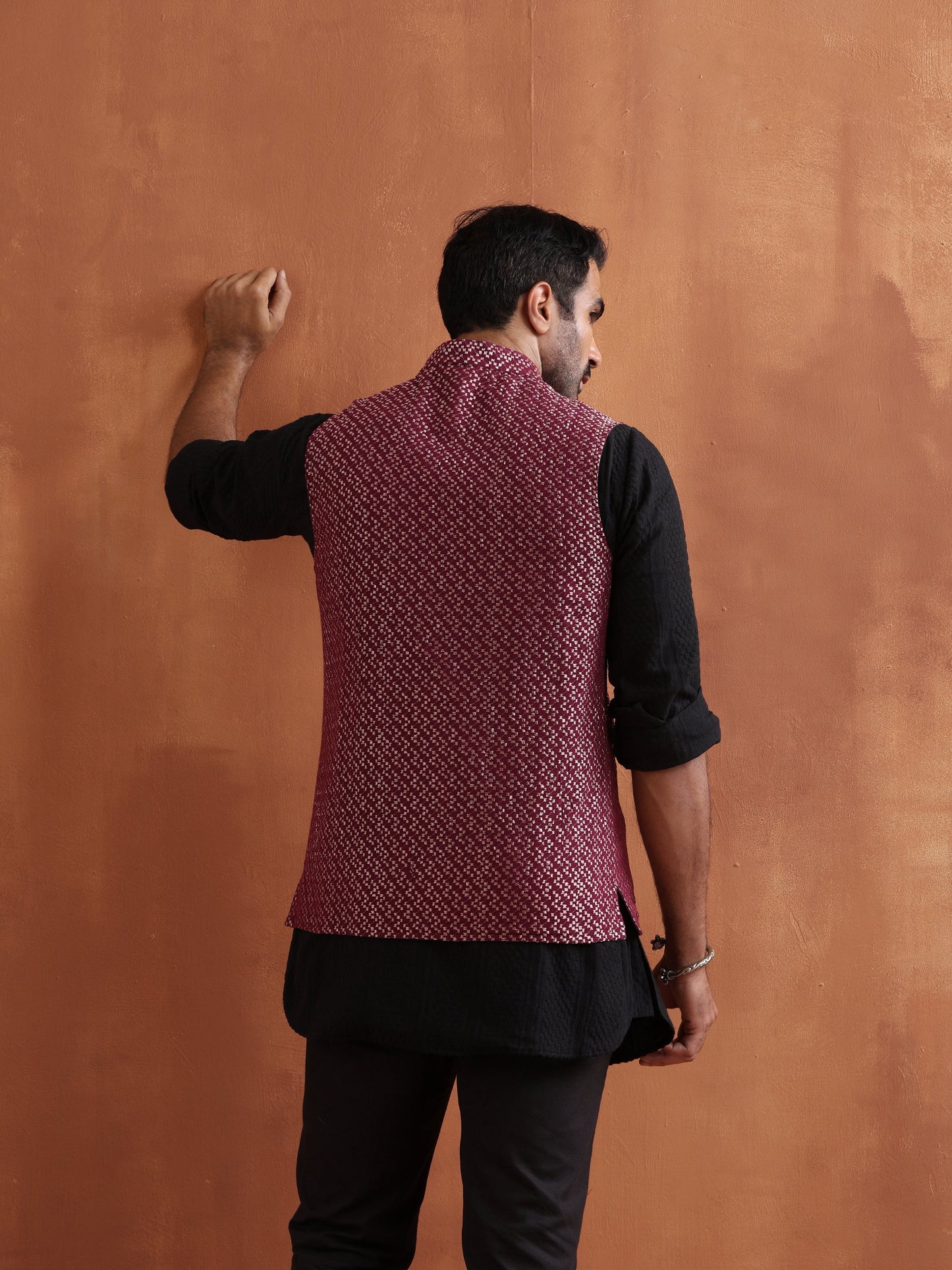 trueBrowns Men's Dark Purple Cotton Dobby Nehru Jacket | Swadesiicart