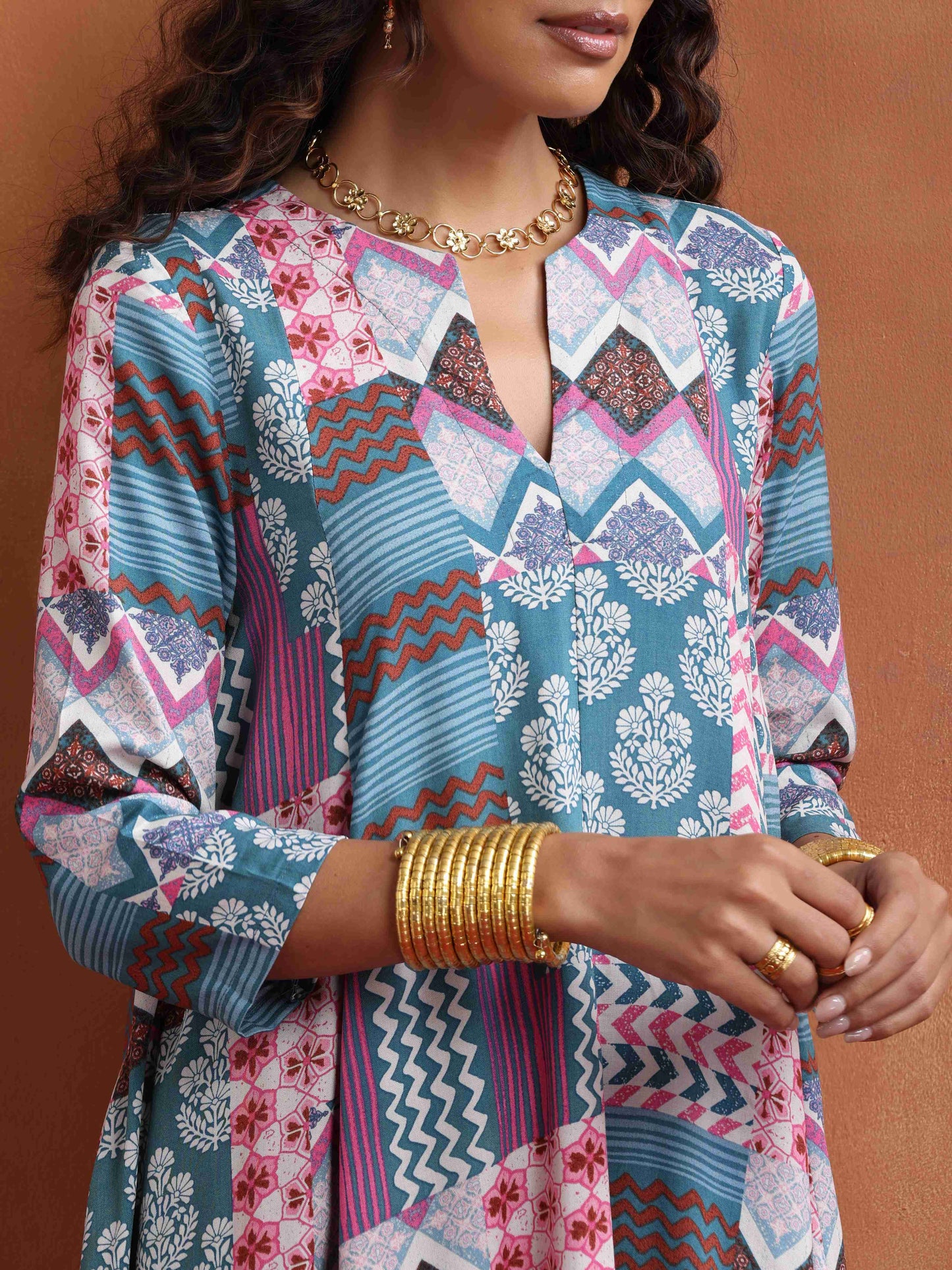 trueBrowns Blue Print Flared Anarkali Kurta Co-ord Set - Swadesiicart