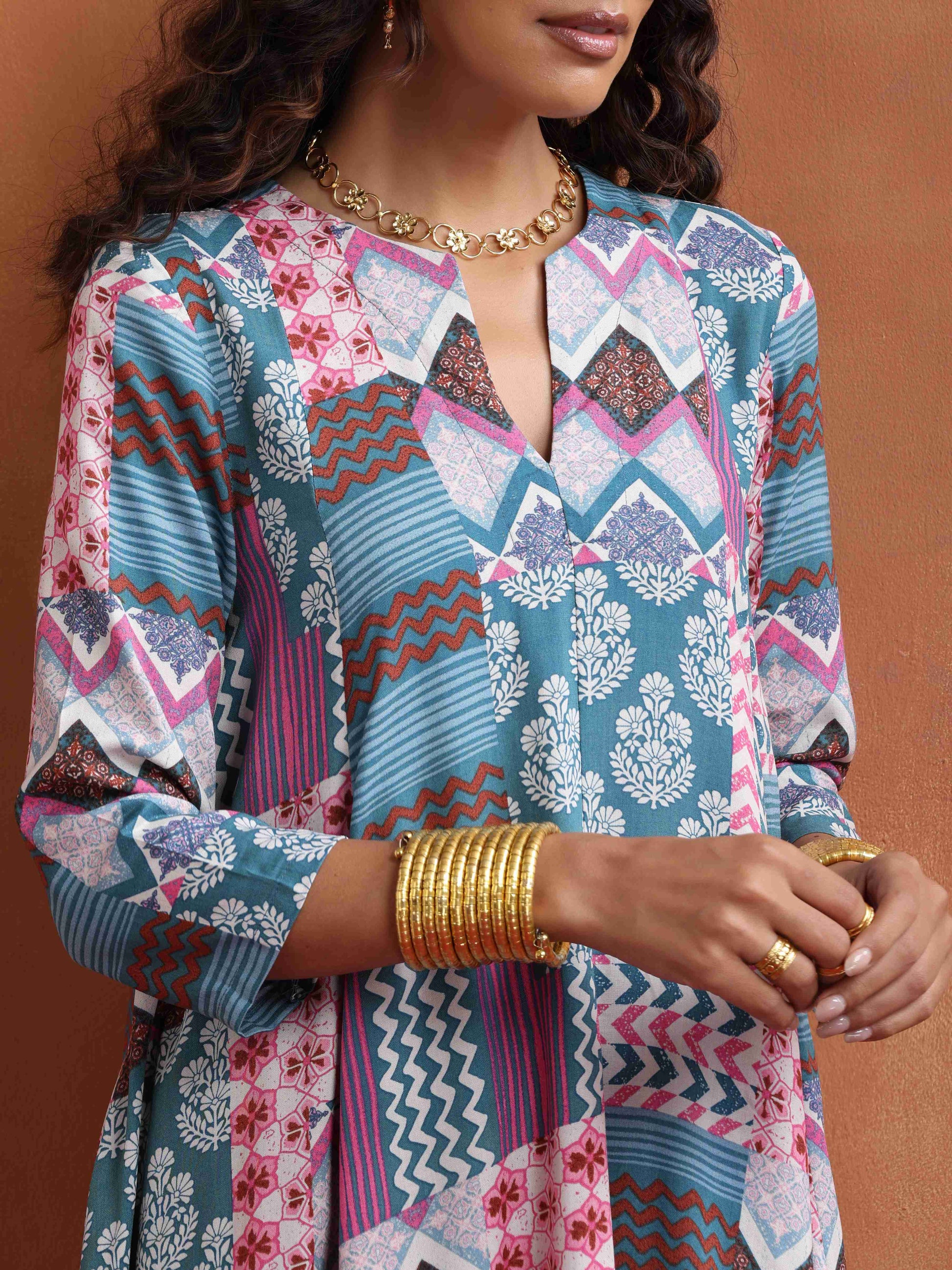 trueBrowns Blue Print Flared Anarkali Kurta Co-ord Set - Swadesiicart