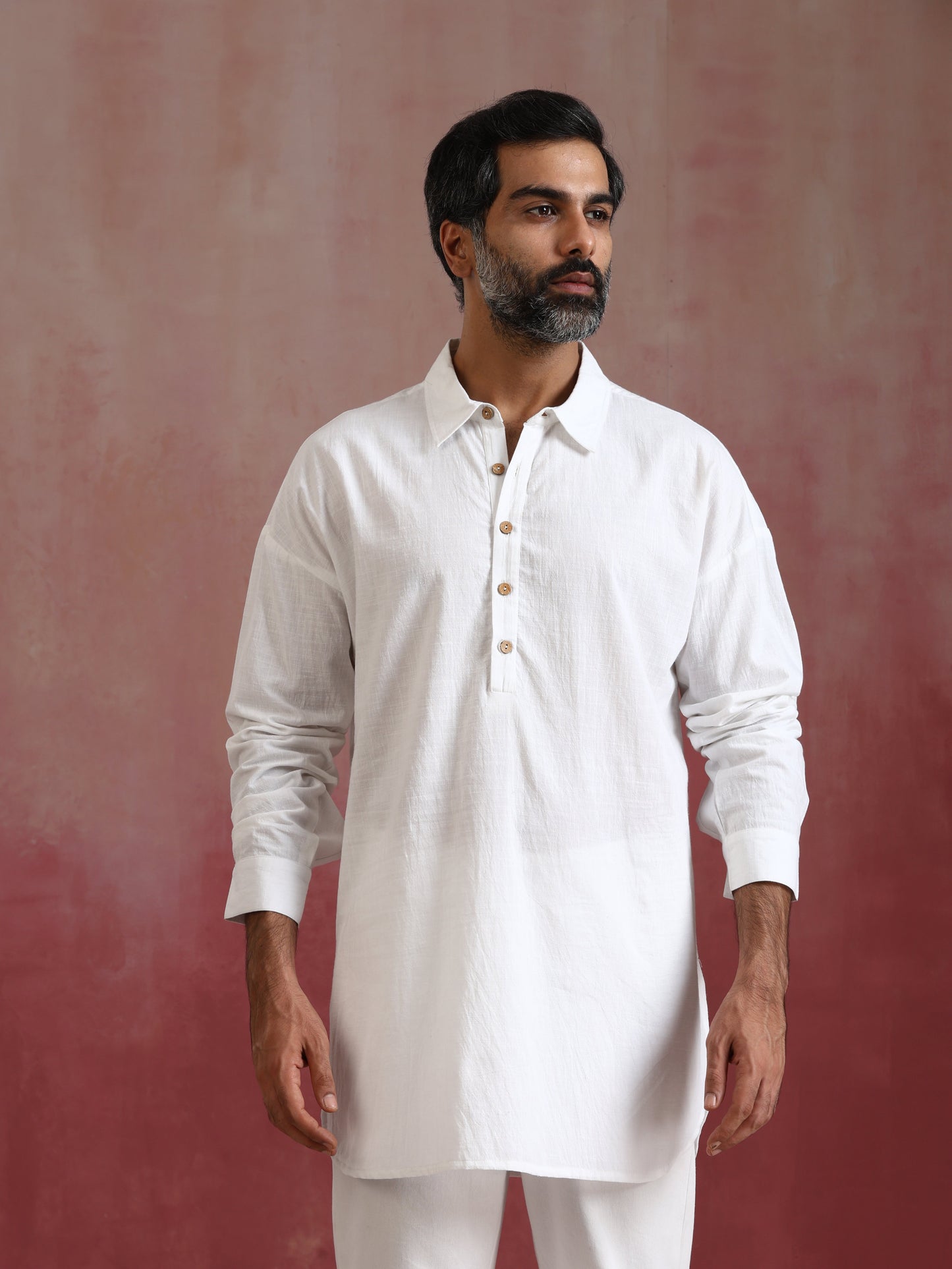 trueBrowns Men's White Cotton Shirt Collar Stylized Kurta Co-ord set - Swadesiicart