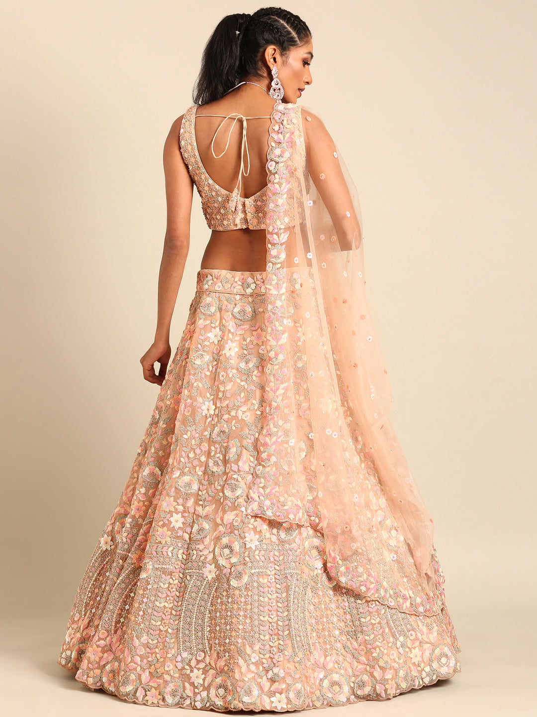 House of Panchhi Peach Net Multi Sequins with heavy Zarkan embroidery Lehenga choli & Dupatta | Swadesiicart