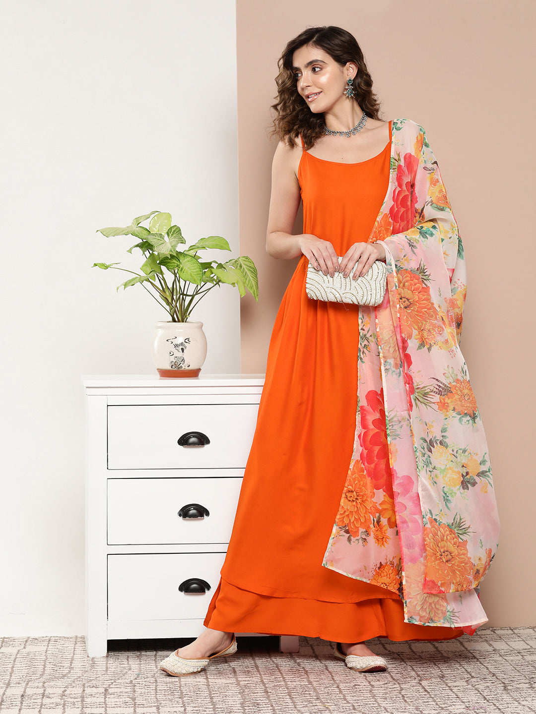 InWeave Women's Orange Strppy Set With Red Big Floral Print Dupatta - Swadesiicart