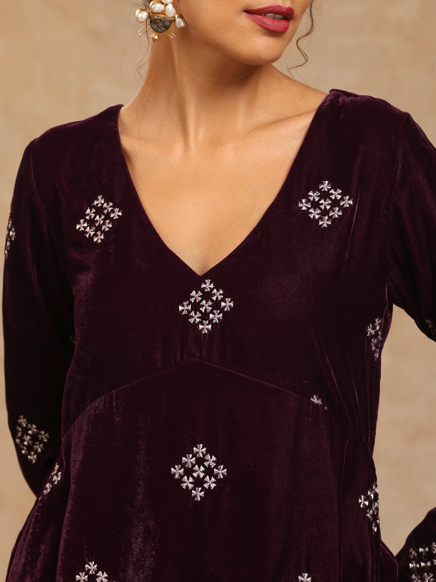 trueBrowns Wine Velvet Embroidered Co-ord Set - Swadesiicart