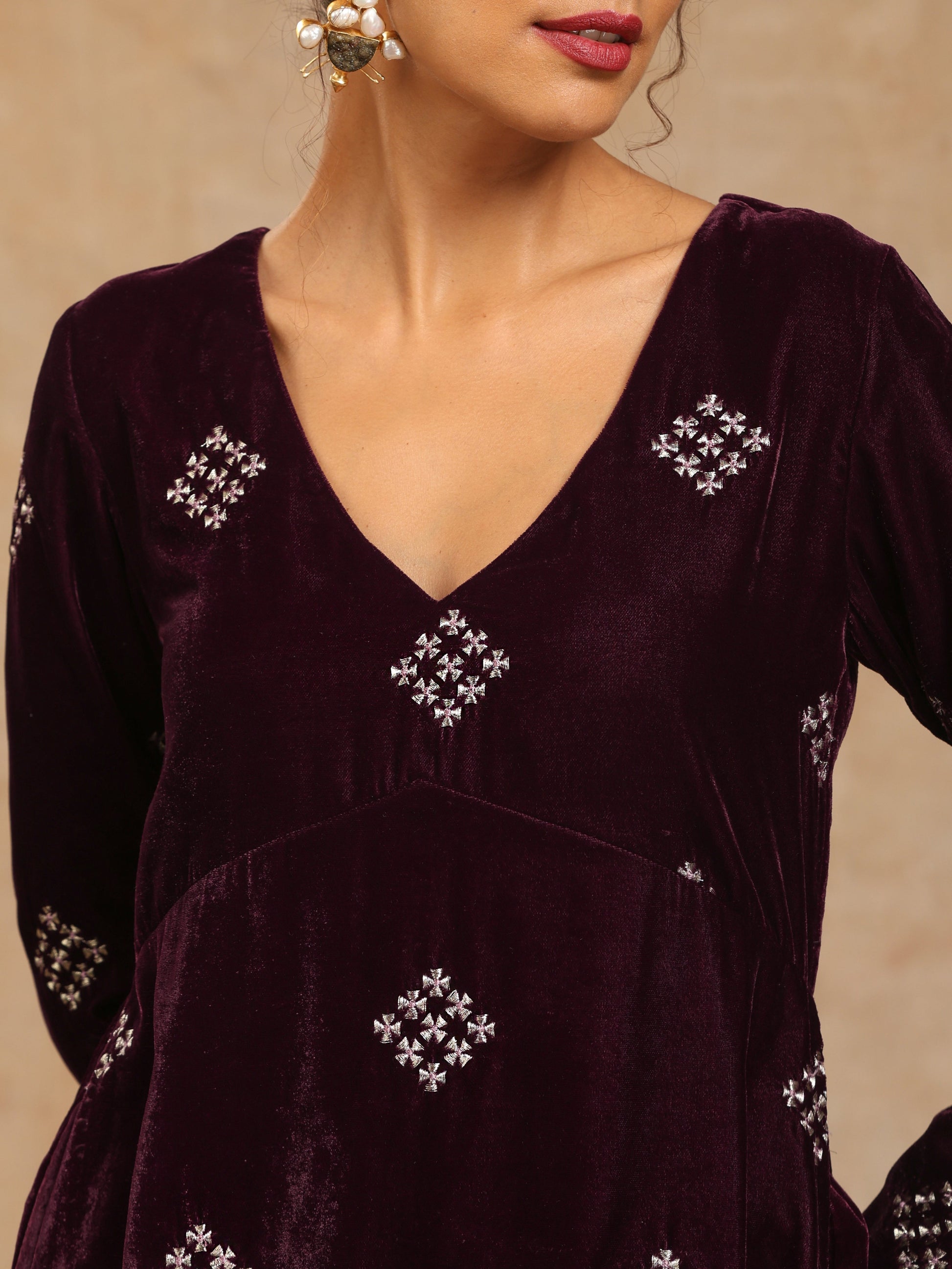 trueBrowns Wine Velvet Embroidered Co-ord Set - Swadesiicart