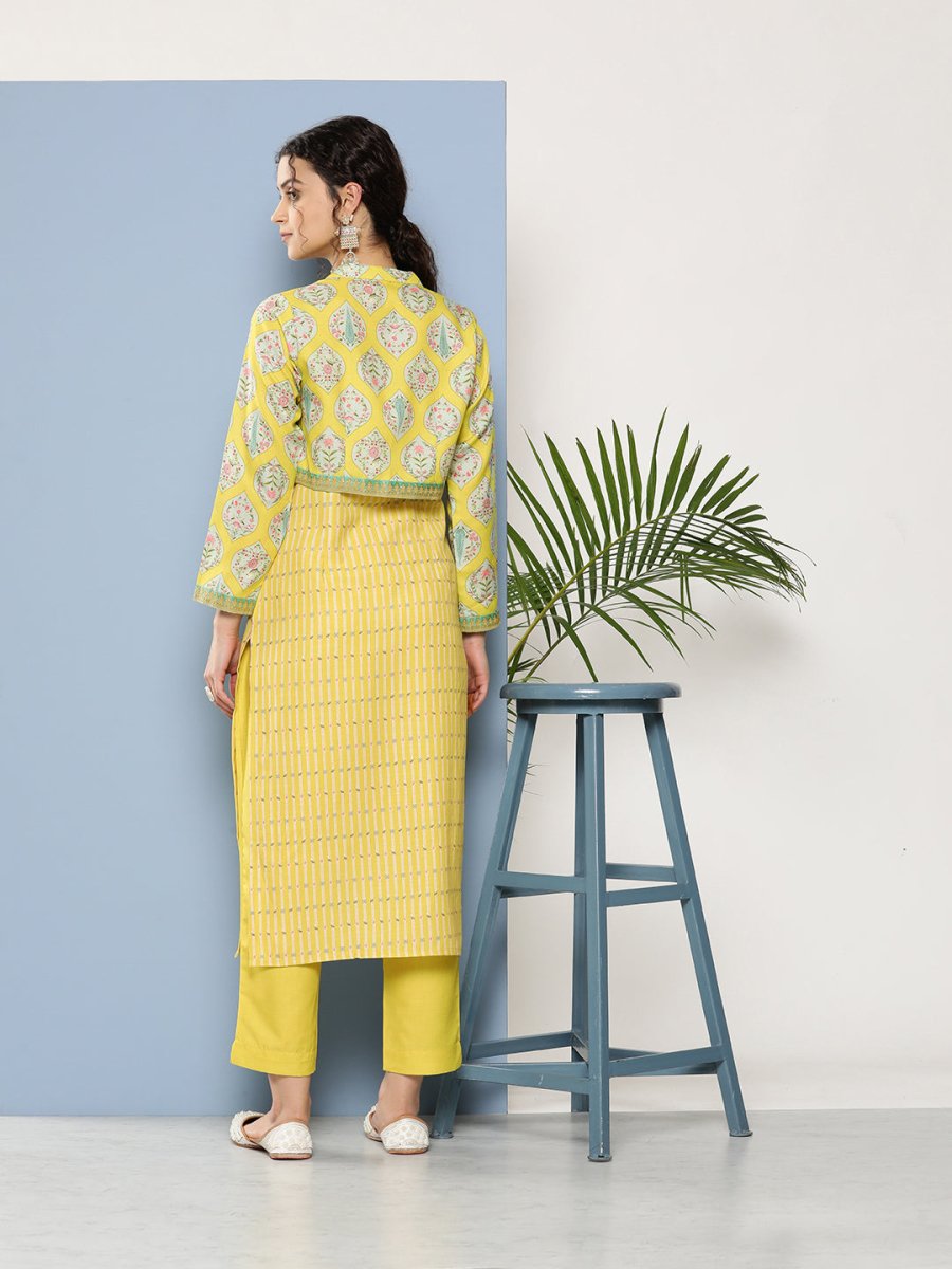 Ahalyaa Women Yellow Floral Printed Kurta with Trousers & Jacket | Swadesiicart