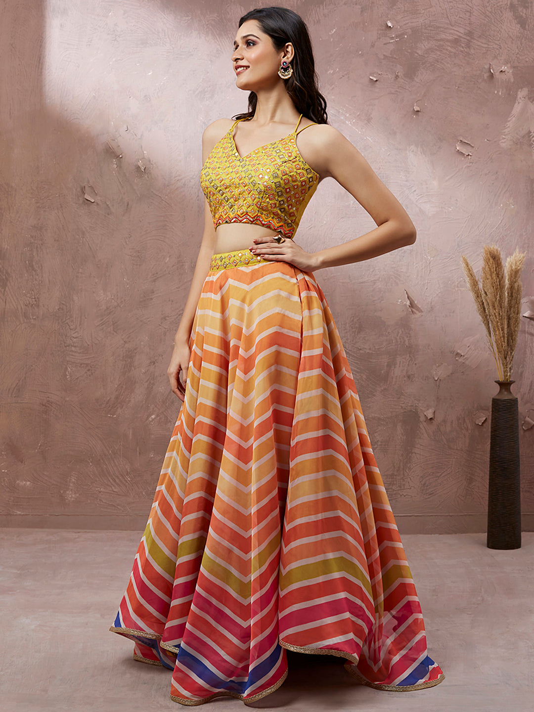 House of Panchhi Yellow Organza Leheriya Printed Lehenga Choli & Dupatta | Swadesiicart