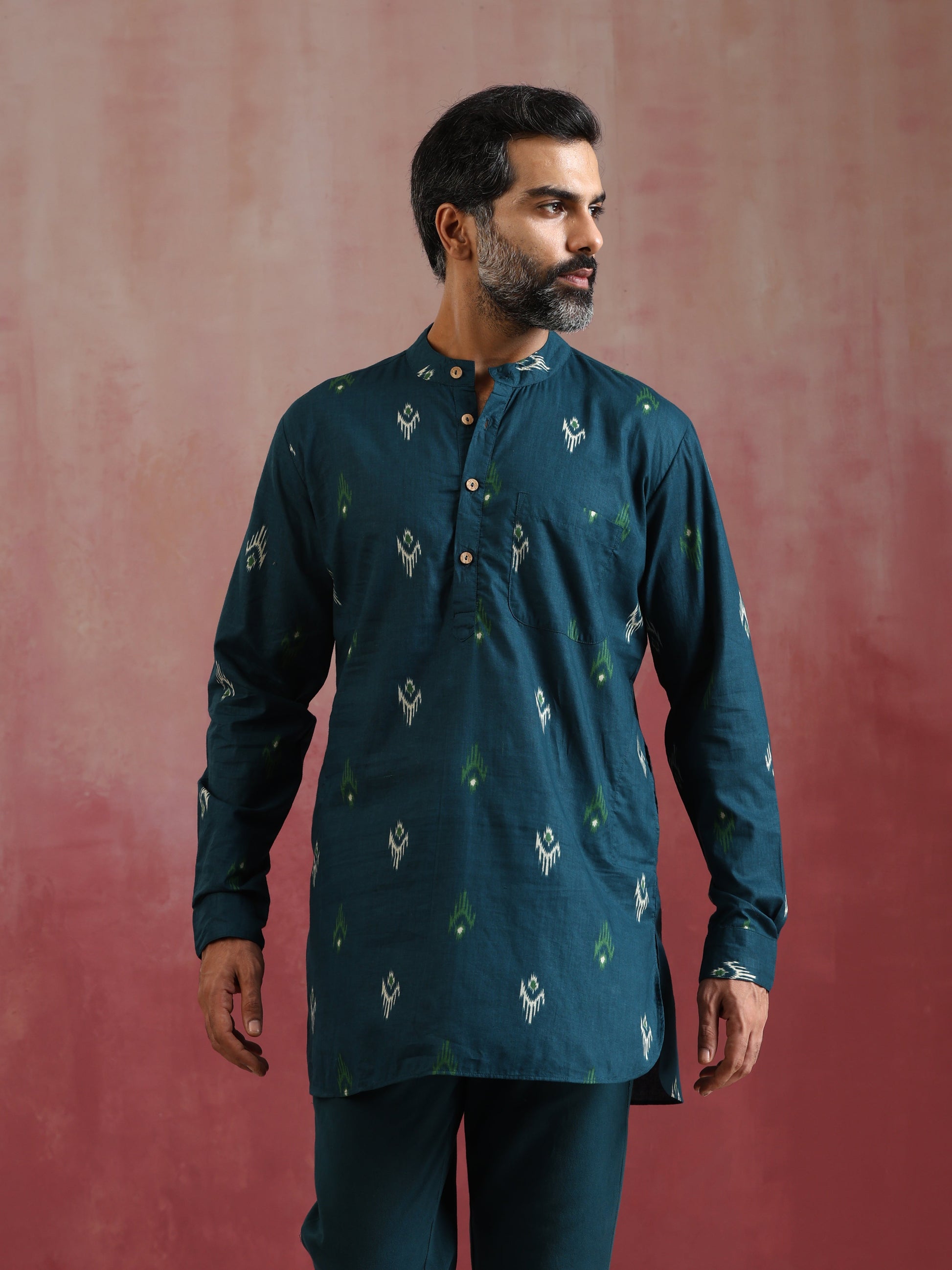 trueBrowns Men's Blue Ikat Print Mandarin Collar Kurta Co-ord set - Swadesiicart