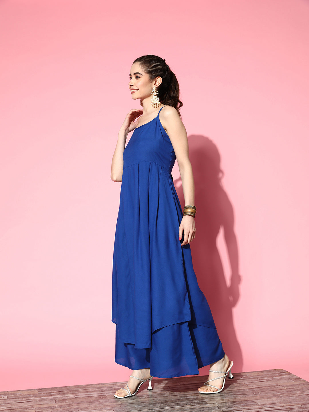 InWeave Women's Ink Blue Strappy Kurta Set With Teal Organza Cape - Swadesiicart