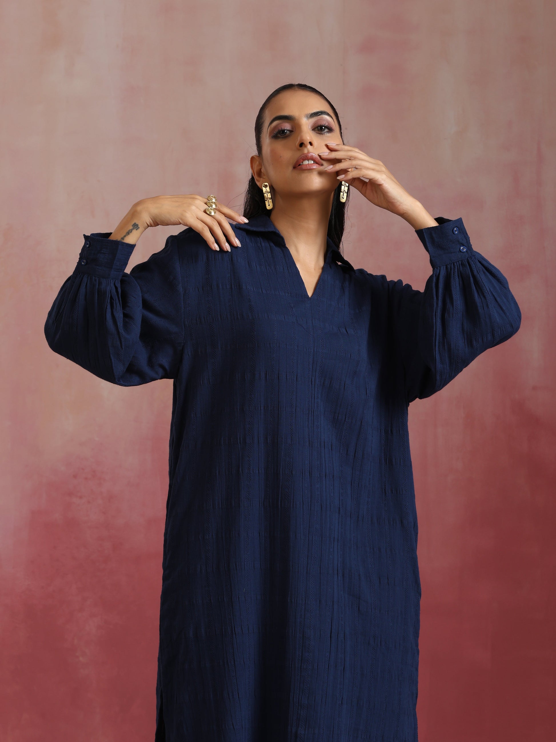 trueBrowns Dark Blue Cotton Dobby Dress | Swadesiicart