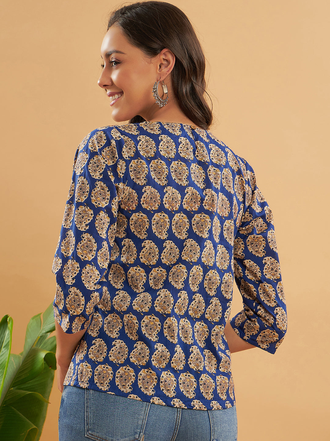 InWeave Women's Ink Blue Small Paisley Kalamkari Top - Swadesiicart