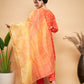 InWeave Women's Orange S Print Alia Cut Gota Work Kurta Set W Mustard Le Du - Swadesiicart