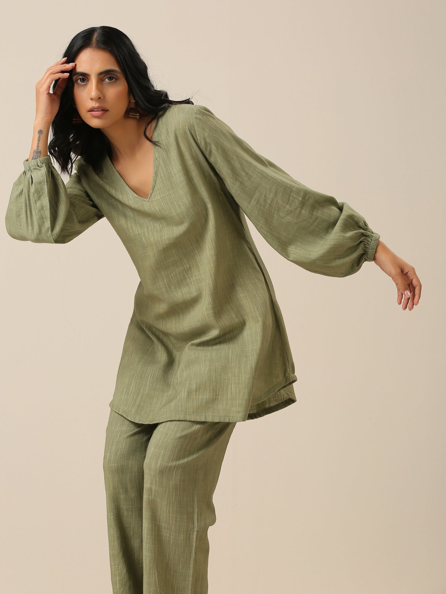 trueBrowns Sage Slub Textured Short Co-Ord Set - Swadesiicart