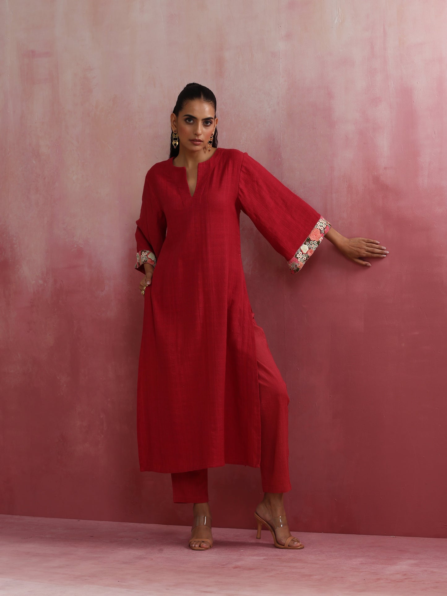 trueBrowns Red Straight Cotton Dobby Kurta Set | Swadesiicart