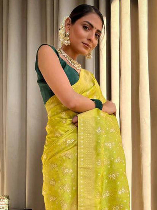 Kalini Floral Woven Design Zari Detailed Banarasi Saree | Swadesiicart