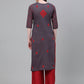 ADA Women Charcoal Grey & Red Chikankari Hand Embroidered Cotton Straight Sustainable Handloom Kurta | Swadesiicart