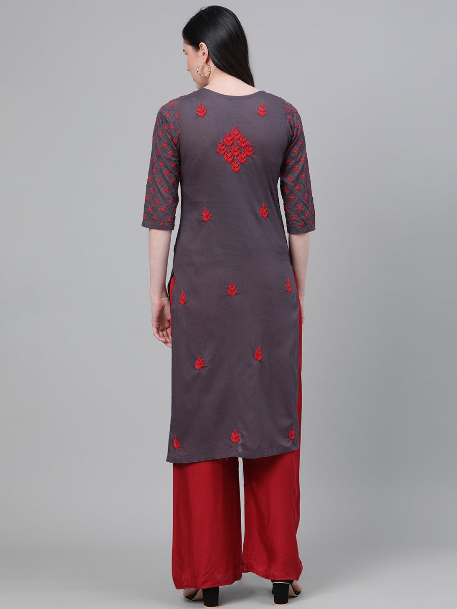 ADA Women Charcoal Grey & Red Chikankari Hand Embroidered Cotton Straight Sustainable Handloom Kurta | Swadesiicart