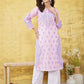 ADA Women Pink & Blue Chikankari Hand Embroidered Semi-Sheer Straight Sustainable Handloom Kurta | Swadesiicart