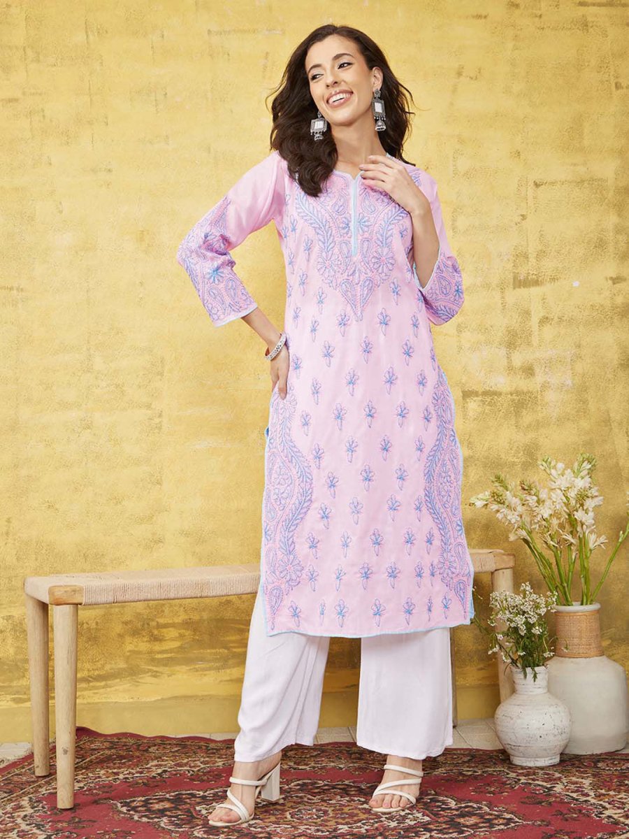 ADA Women Pink & Blue Chikankari Hand Embroidered Semi-Sheer Straight Sustainable Handloom Kurta | Swadesiicart