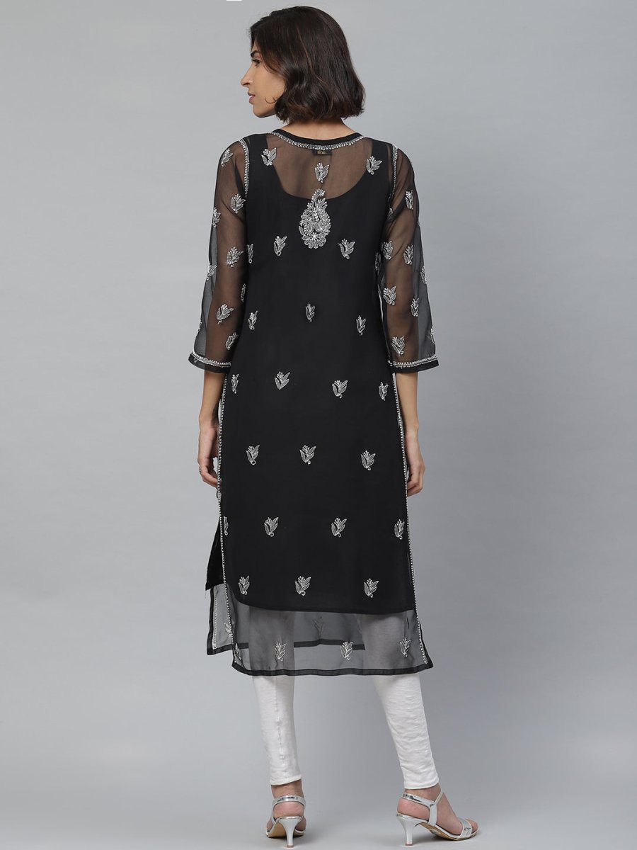 ADA Women Black & White Paisley Chikankari Embroidered Straight Handloom Kurta | Swadesiicart
