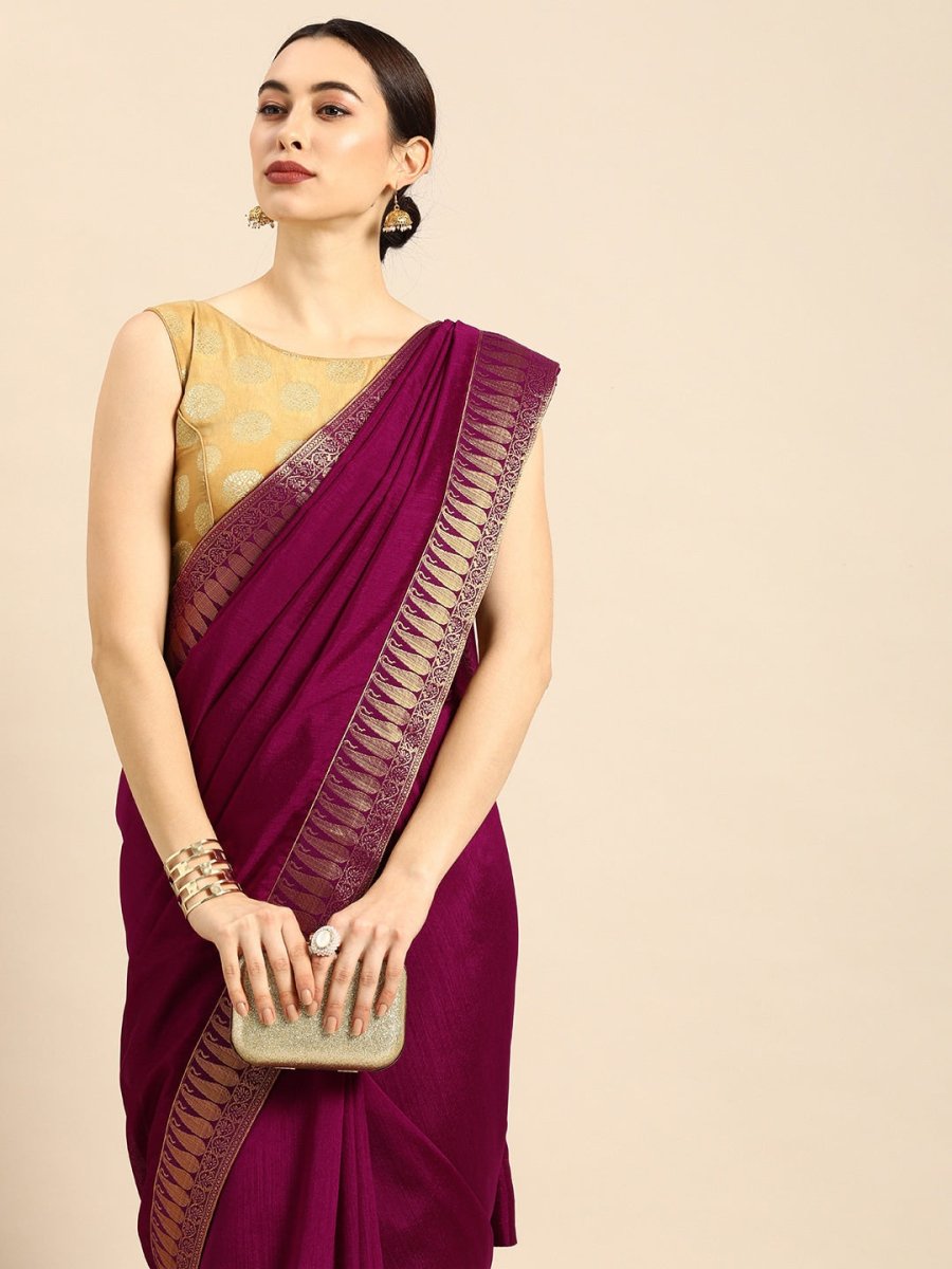 Anouk Purple Cotton Blend Solid Banarasi Saree | Swadesiicart