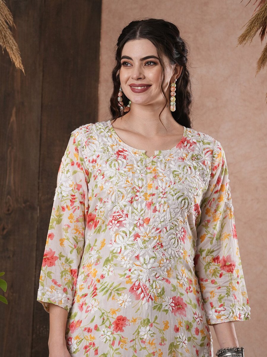 ADA Floral Printed Round Neck Regular Lucknowi Chikankari Kurta with Trousers | Swadesiicart