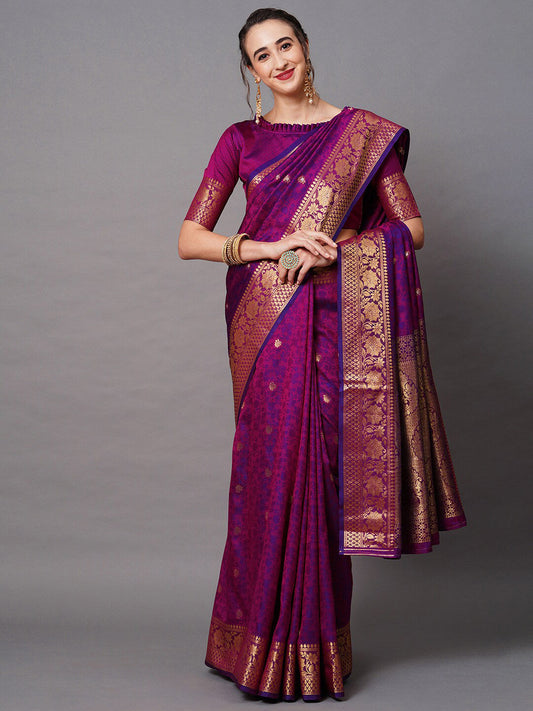Mitera Magenta & Purple Woven Design Silk Blend Banarasi Saree | Swadesiicart