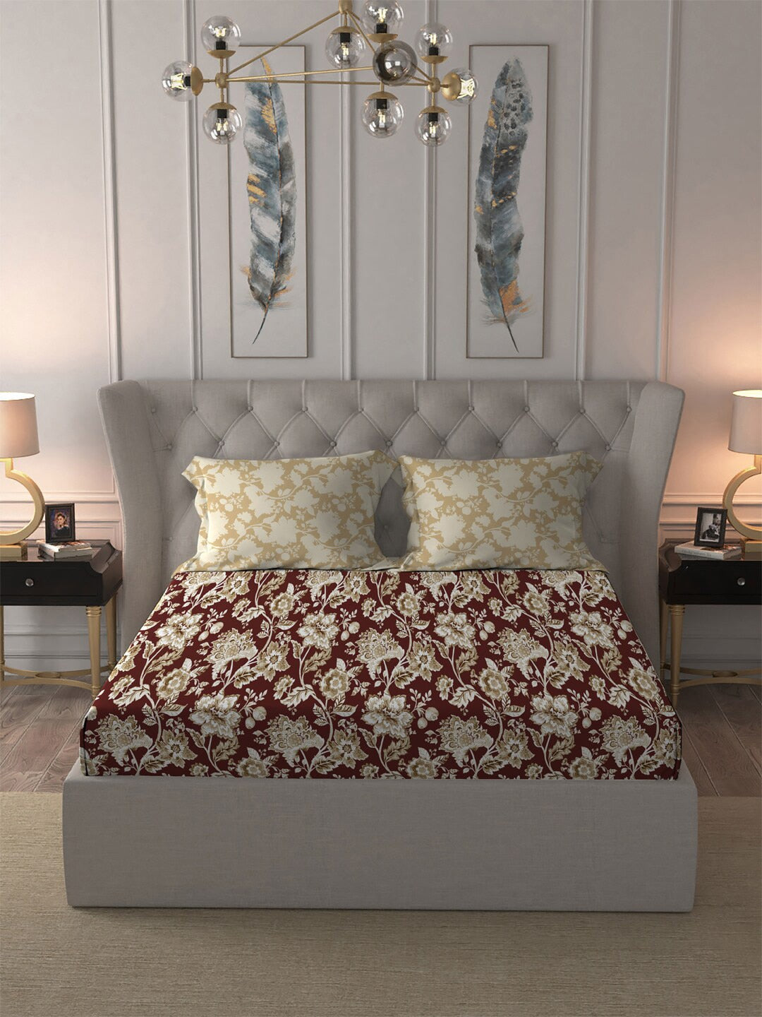 MYTRIDENT Red White Ethnic Motifs Cotton 120 TC Queen Bedsheet With 2 Pillow Covers - Swadesiicart