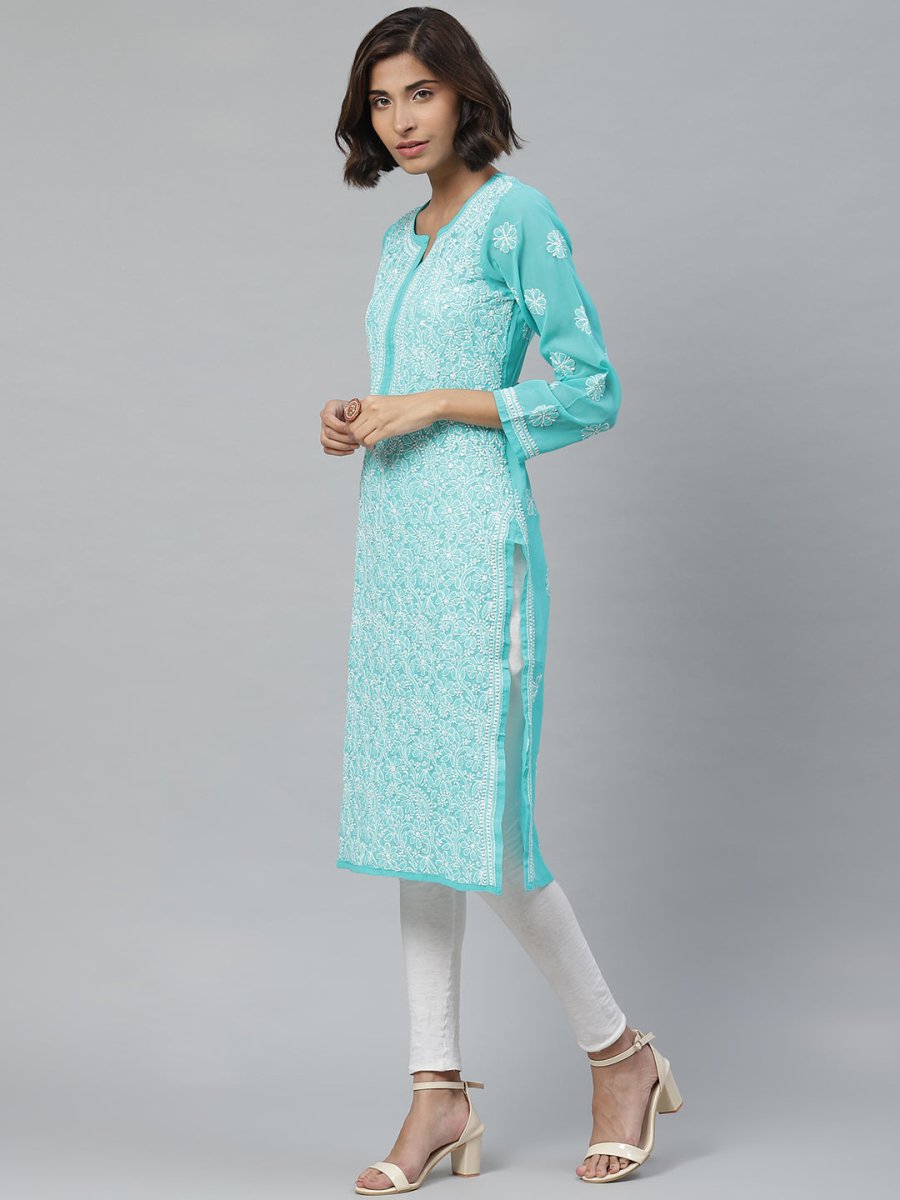 ADA Women Sea Green & White Floral Chikankari Embroidered Straight Sustainable Handloom Kurta | Swadesiicart