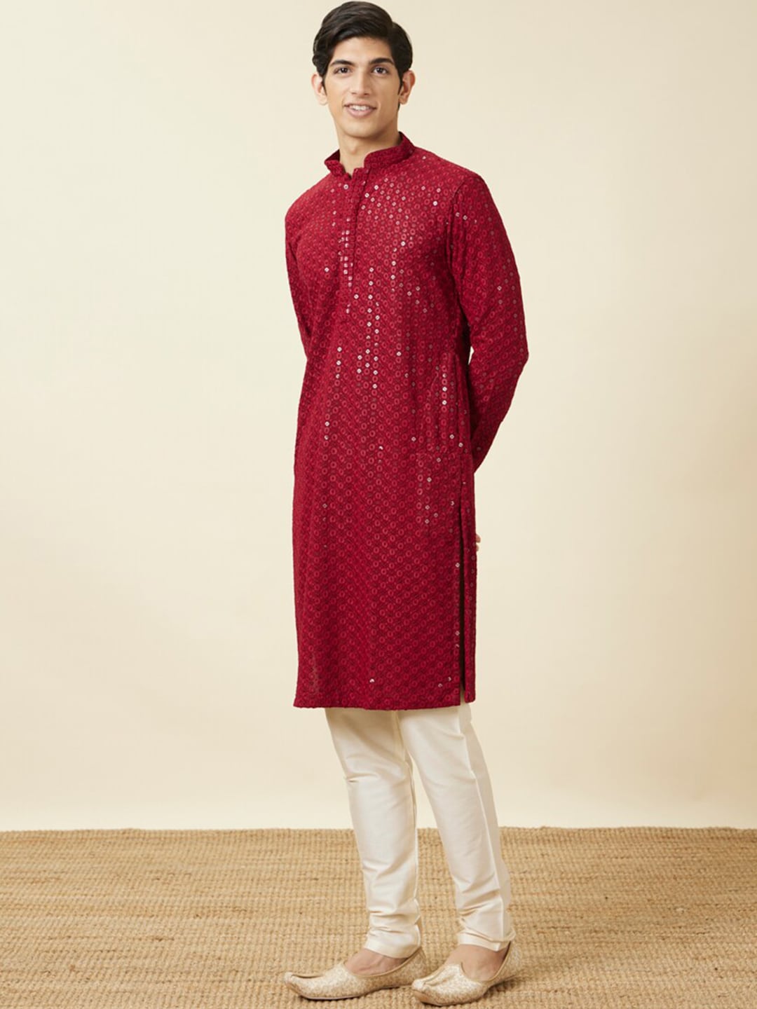 Manyavar Floral Chikankari Embroidered Kurta With Pyjamas | Swadesiicart