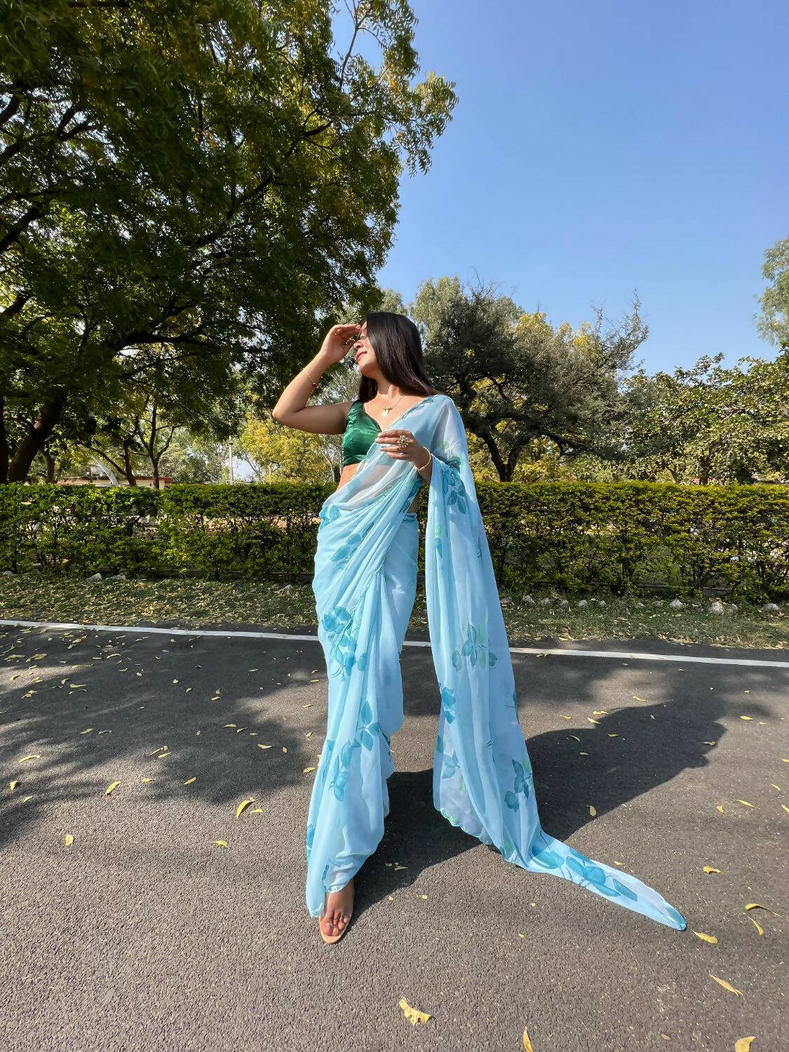 Vamsee Sky Blue Chiffon Designer Saree - Swadesiicart