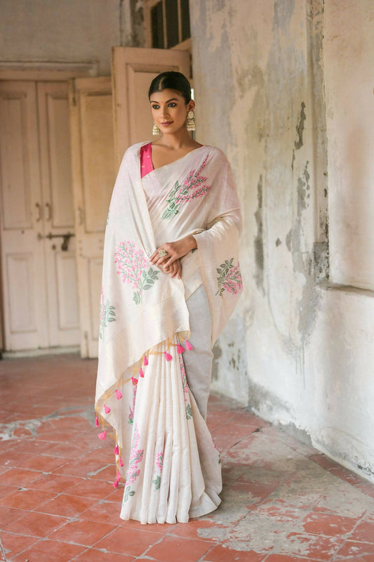 Vishnu Weaves Women's Pink Muga Cotton Woven Saree with Blouse - Swadesiicart