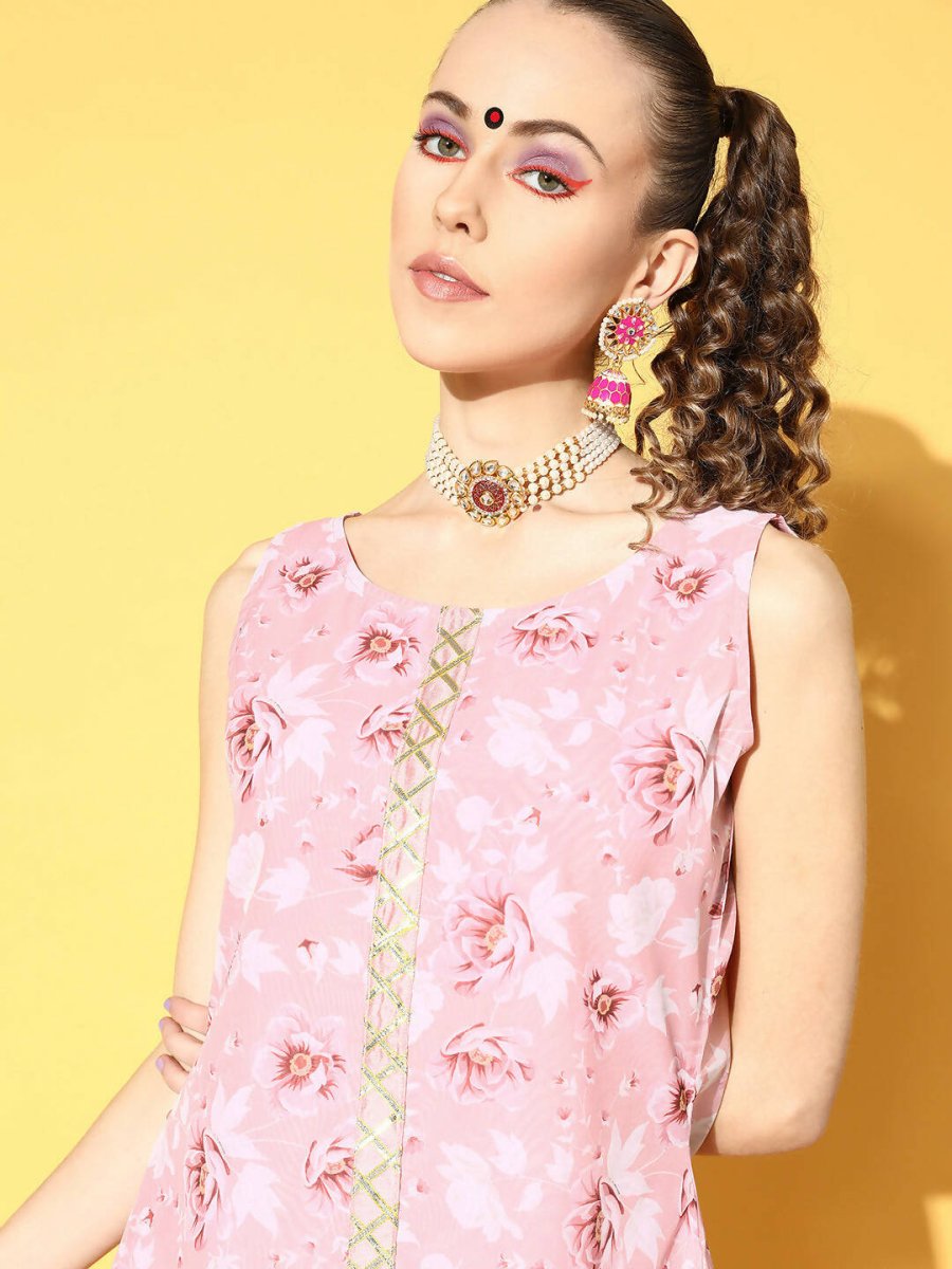 Ahalyaa Women Rose Colour Organza Digital Printed Kurta Pant Set | Swadesiicart