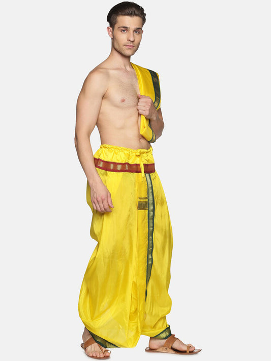 Sethukrishna Men Yellow Readymade Dhoti Pant & Angavastram | Swadesiicart