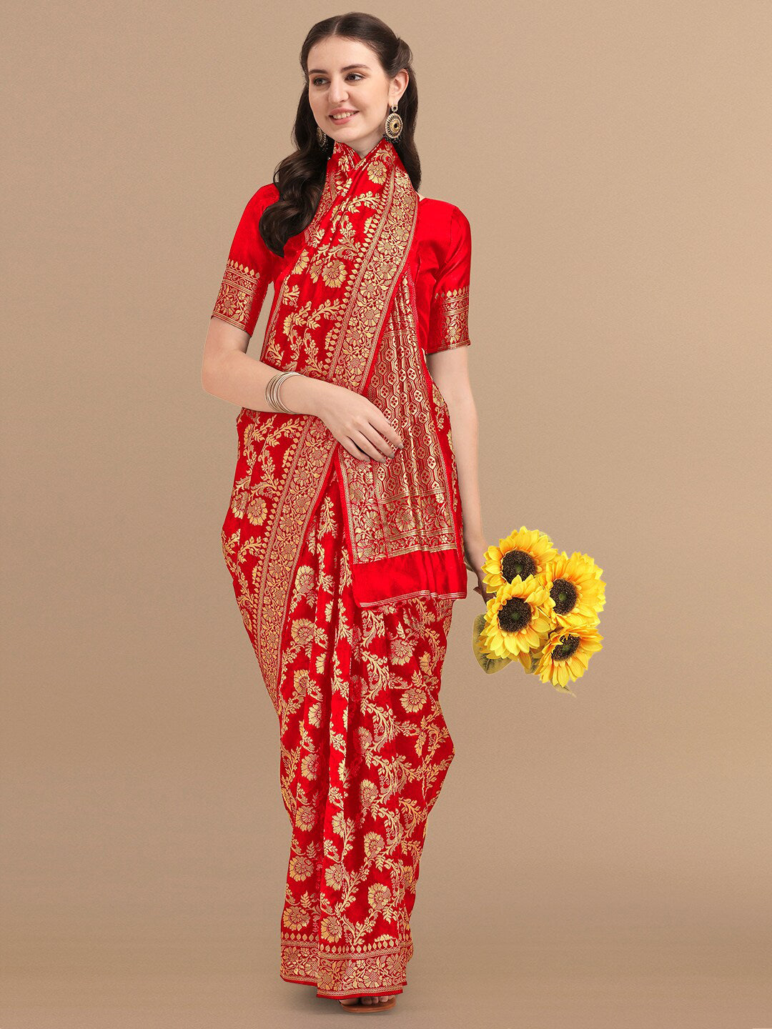 Kalini Red & Golden Floral Zari Silk Blend Banarasi Saree | Swadesiicart