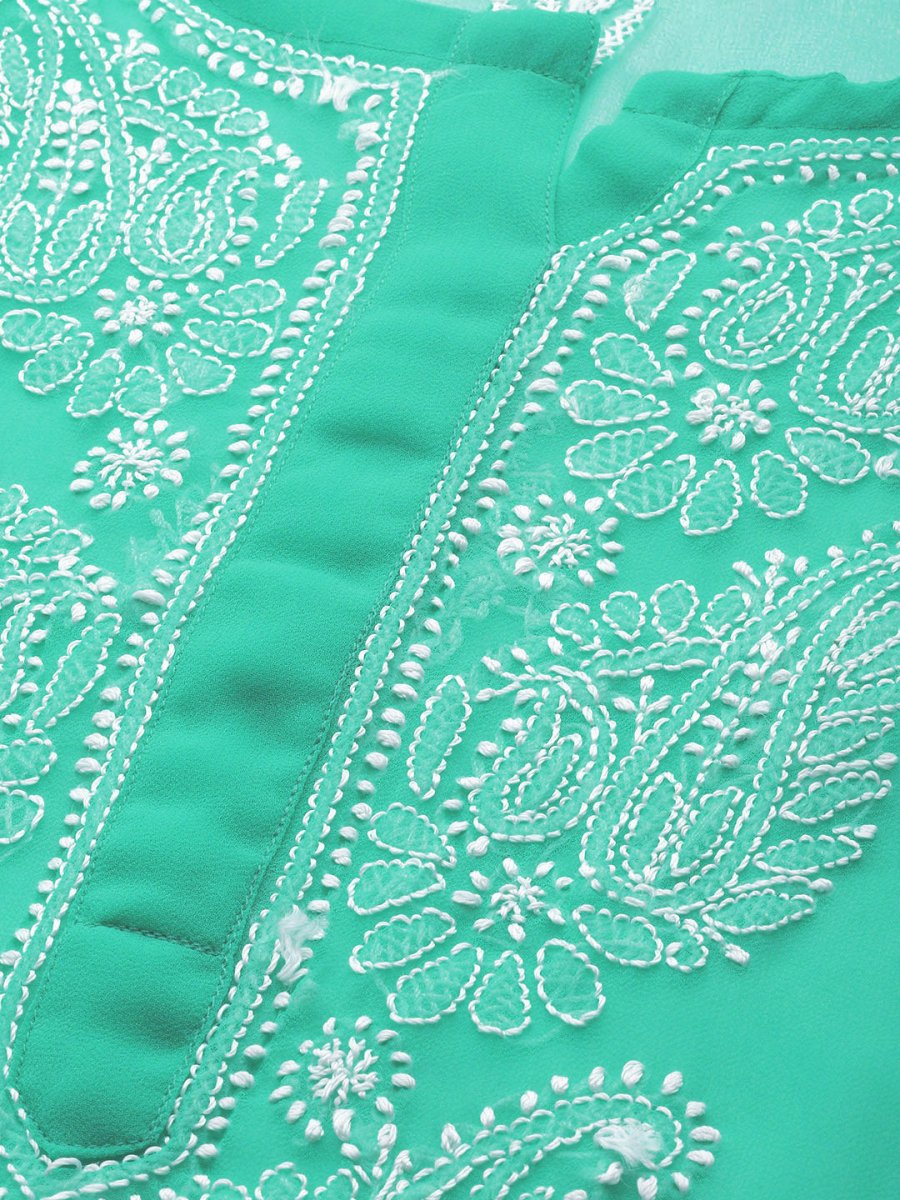 ADA Women Sea Green & White Chikankari Embroidered Kurta with Trousers | Swadesiicart