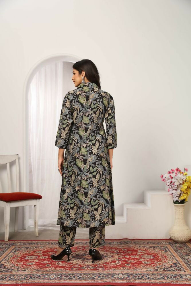 Jyoti Fashion Women's Black Chanderi Silk Floral Print with Side Pocket Kurtis & Sets | Swadesiicart